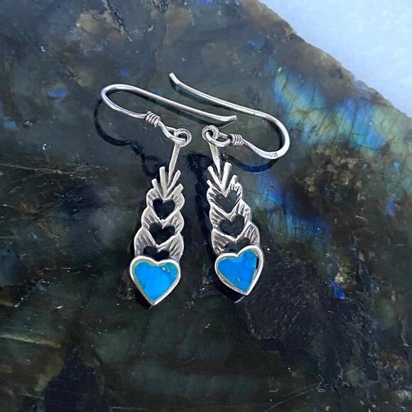 Sterling Silver 925 1.5" Turquoise Cut Out Heart Dangle Earrings - Picture 5 of 16